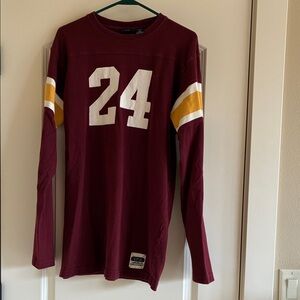 Maroon Long Sleeve Football Tee with White '24' and Gold Stripes